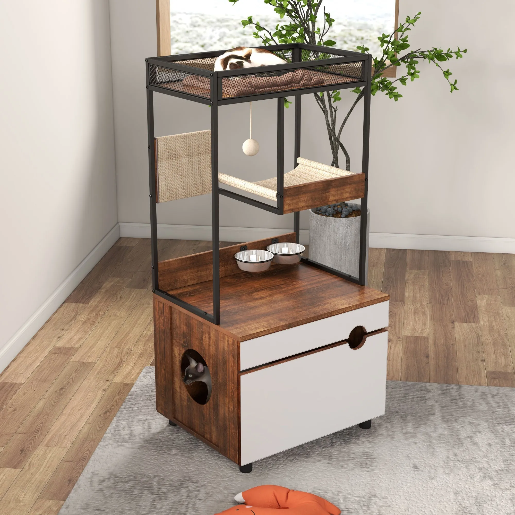 Hidden Cat Litter Box Enclosures with Cat Tree Tower, Cat Furniture with Scratching Pads and Large Storage Space, Industrial Cat Cabinet with Shelves and Doors, Rustic Brown