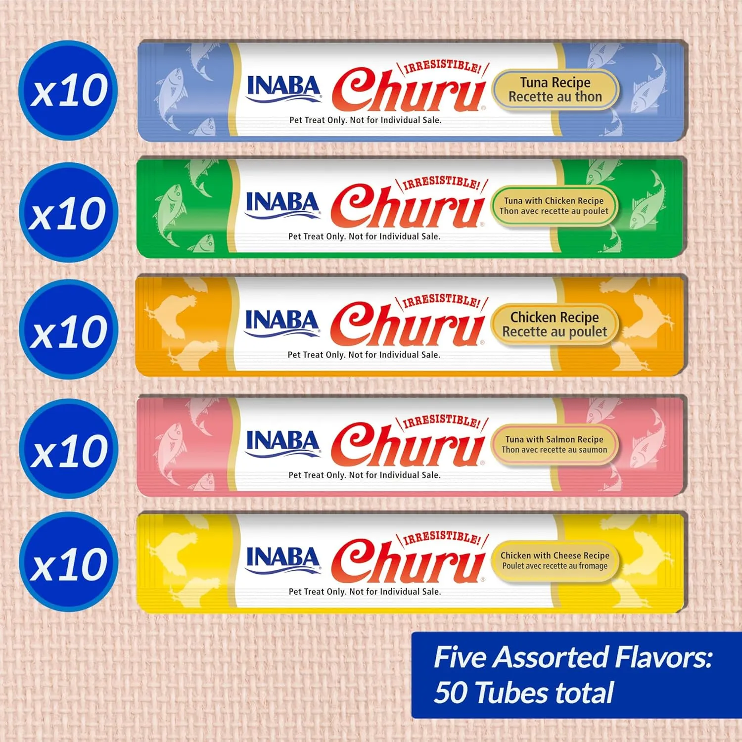 INABA Churu Cat Treats, Grain-Free, Lickable, Squeezable Creamy Pure Cat Treat/Topper with Vitamin E & Taurine, 0.5 Ounces Each Tube, 50 Tubes, Tuna & Chicken Variety