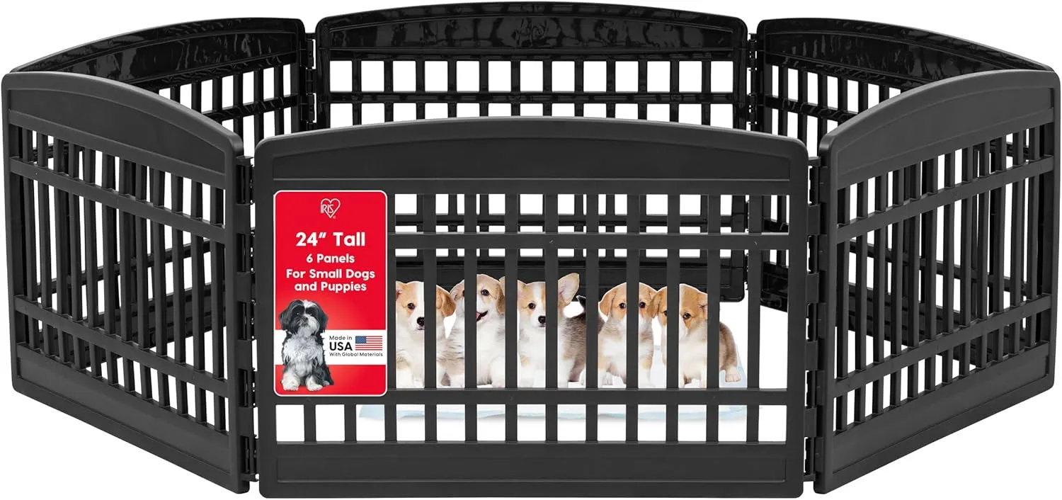 IRIS USA 24" 6-Panel Puppy Playpen, 61 x 61 x 24, Puppy Fence, Dog Playpen, Dog Play Pen Indoors, Pet Fence, Small/Medium Pets, Black