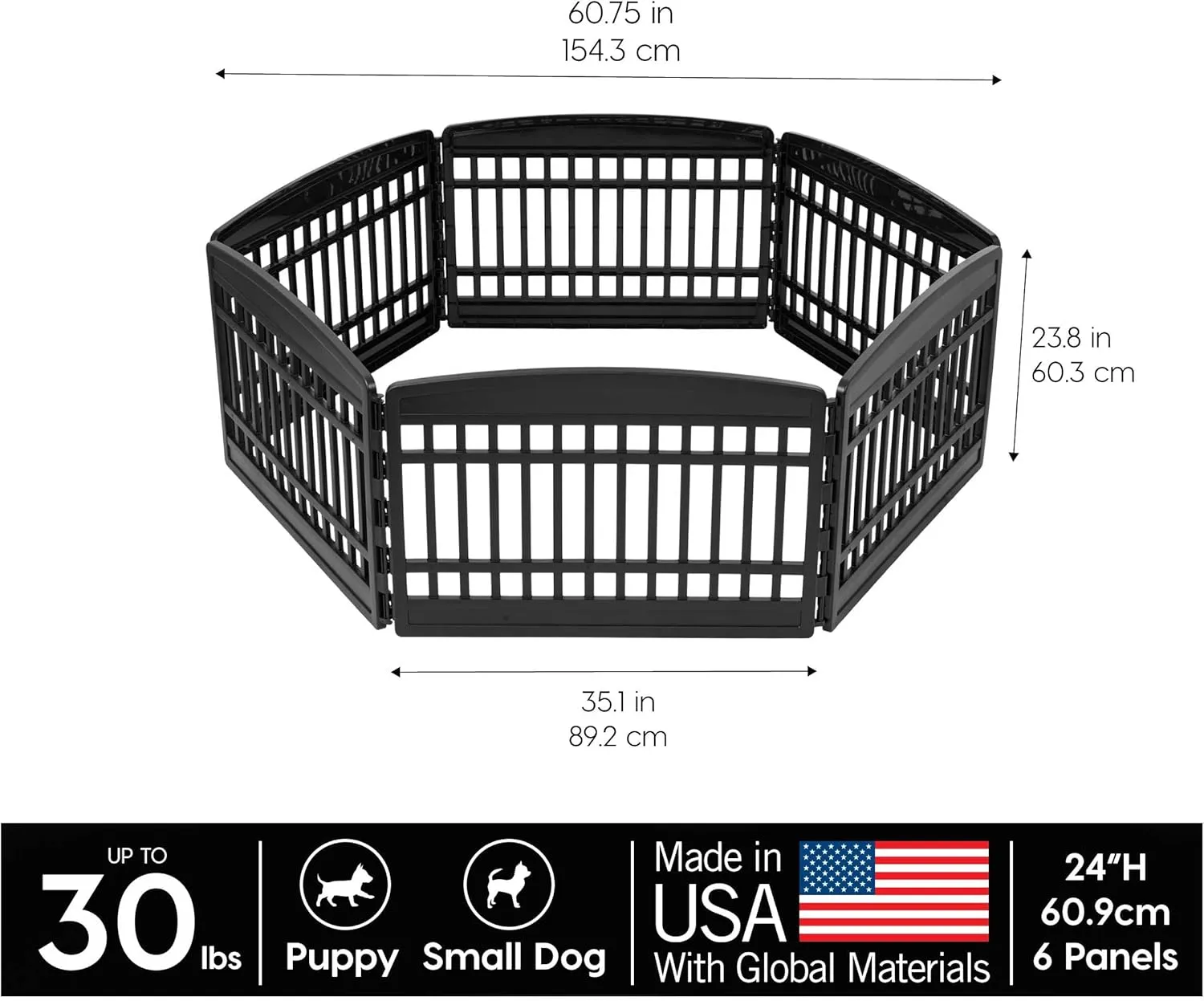 IRIS USA 24" 6-Panel Puppy Playpen, 61 x 61 x 24, Puppy Fence, Dog Playpen, Dog Play Pen Indoors, Pet Fence, Small/Medium Pets, Black