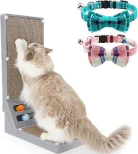 Joytale L Shaped Cat Scratcher and Cat Collar with Bells Set, Interactive Cat Scratching Board with 2 Ball Toys and 2 Pack Breakaway Cat Collars with Bow Tie, Pink Teal