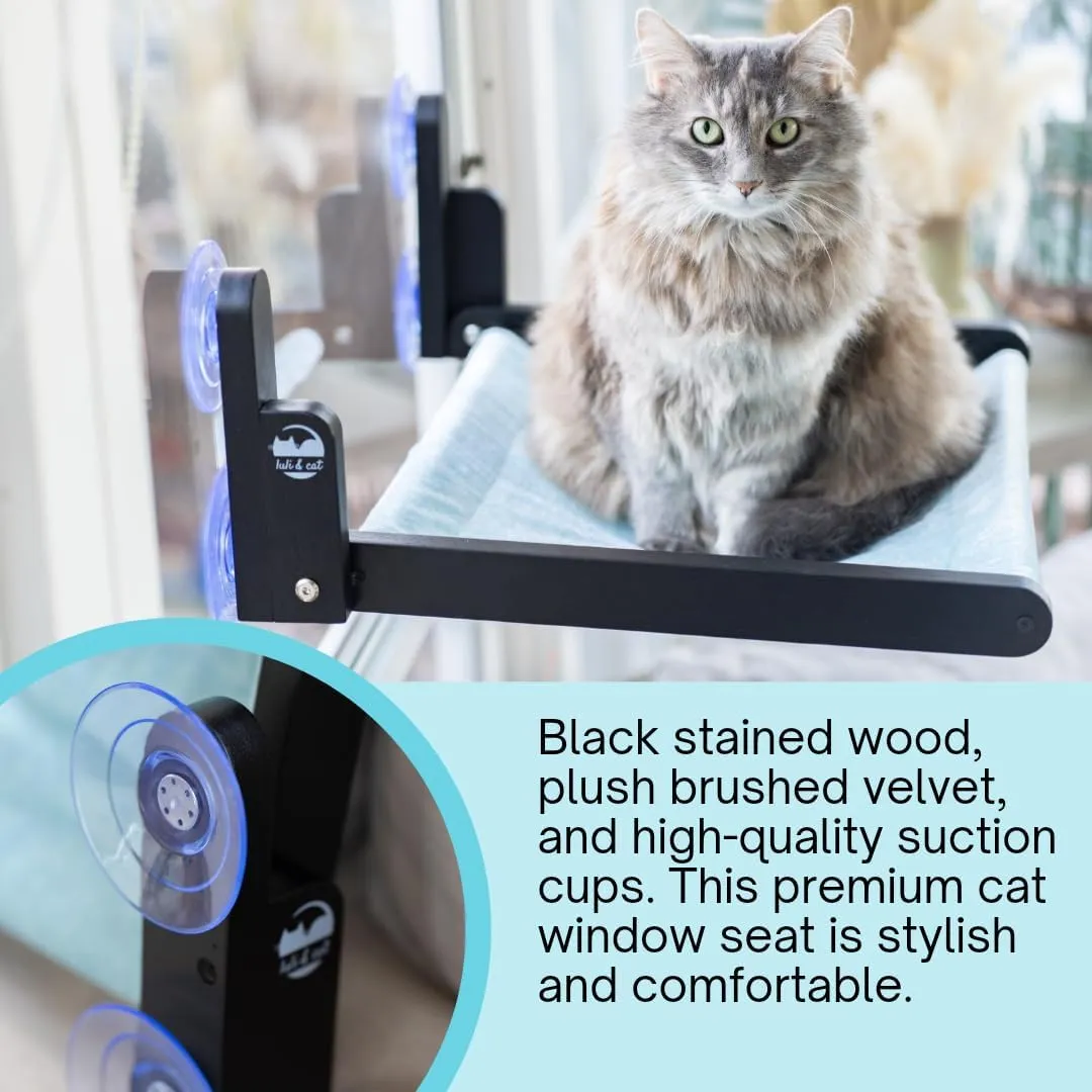 Luli & Cat Cat Window Perch: Cordless, Foldable Wooden Cat Window Hammock with Black Wood and White Fabric Seat