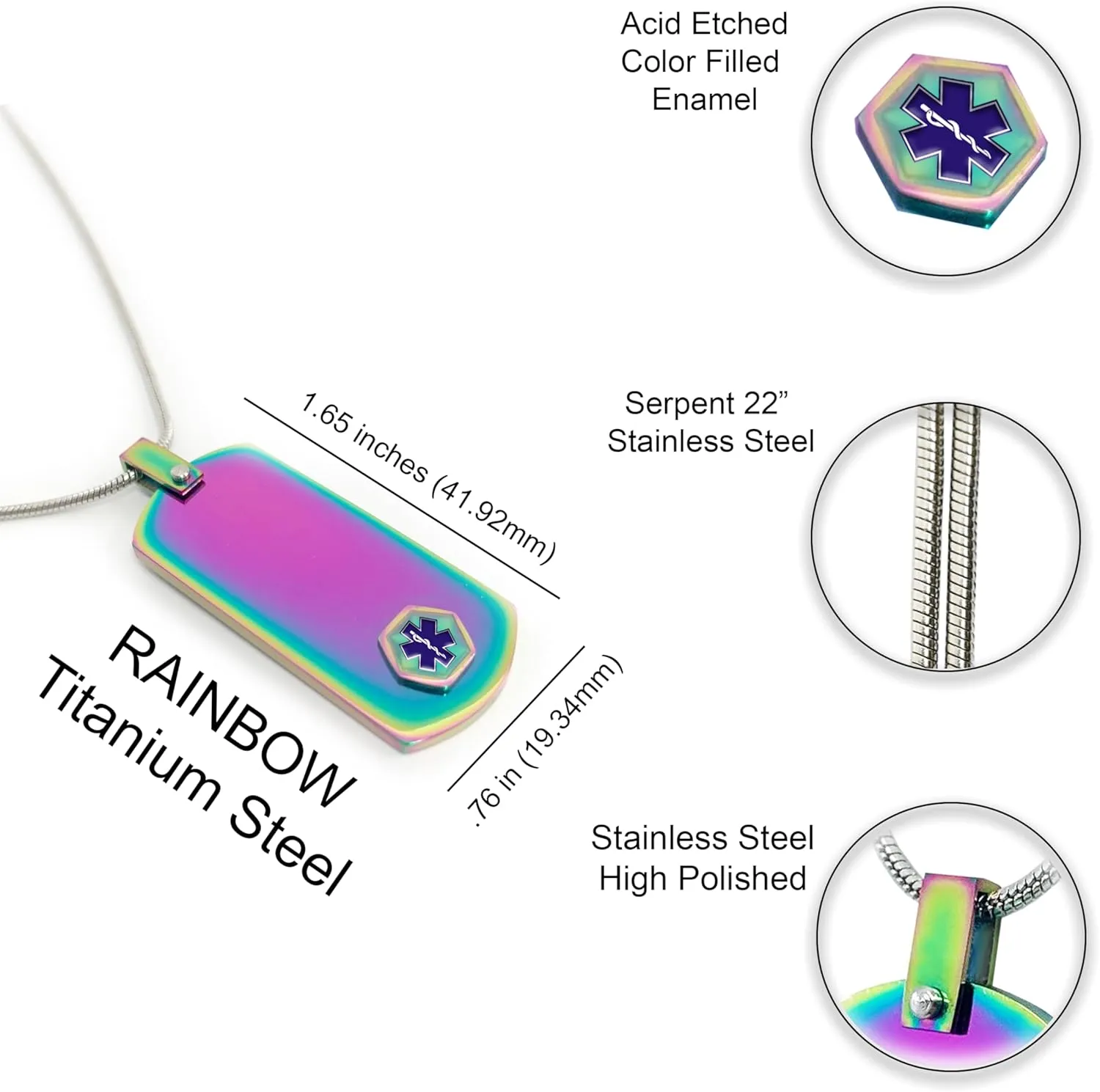 Medical Alert ID Anodized Titanium Dog Tag with 27" Chain (incl. Custom Engraving) - Rainbow