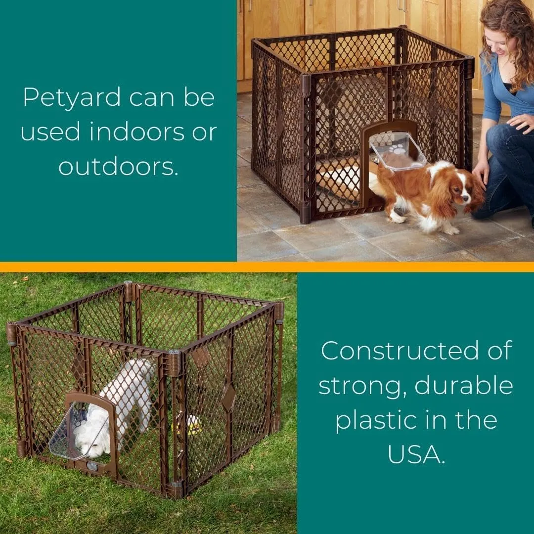 MyPet North States Petyard Passage: 4-Panel Folding Dog Playpen Indoor or Outdoor. 7 sq. ft. Puppy Playpen, Lockable Pet Door. Freestanding Play Pen Dog Gate. Made in USA. 26" Tall, Brown