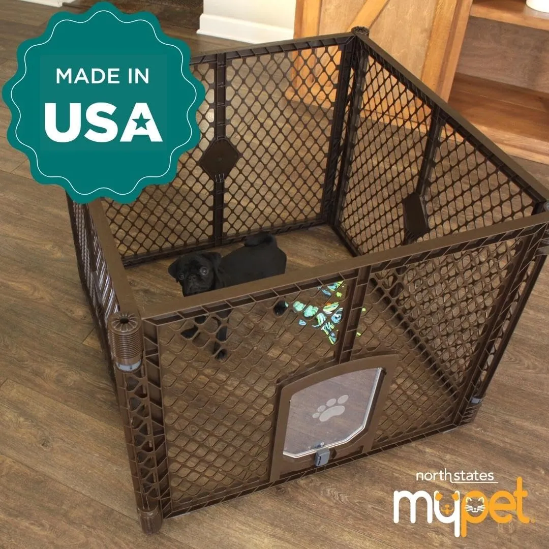 MyPet North States Petyard Passage: 4-Panel Folding Dog Playpen Indoor or Outdoor. 7 sq. ft. Puppy Playpen, Lockable Pet Door. Freestanding Play Pen Dog Gate. Made in USA. 26" Tall, Brown
