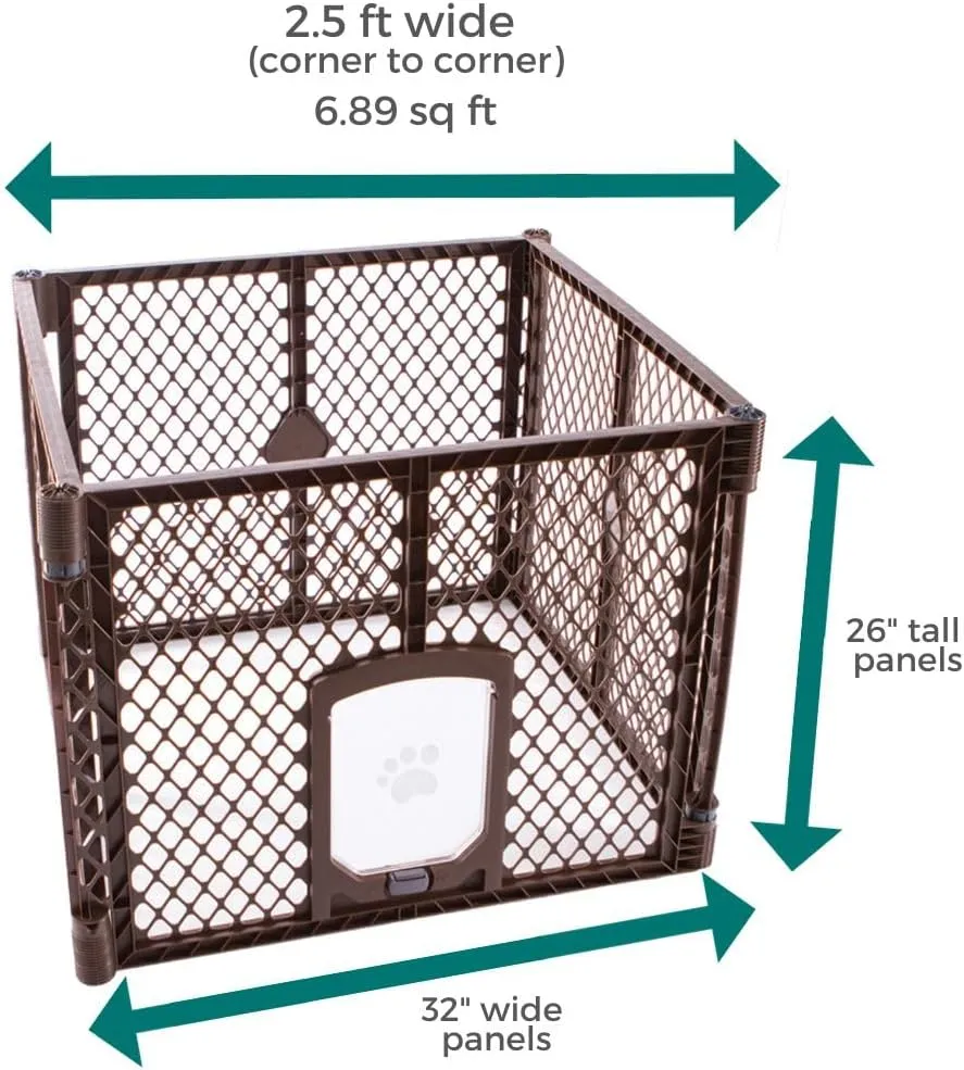 MyPet North States Petyard Passage: 4-Panel Folding Dog Playpen Indoor or Outdoor. 7 sq. ft. Puppy Playpen, Lockable Pet Door. Freestanding Play Pen Dog Gate. Made in USA. 26" Tall, Brown