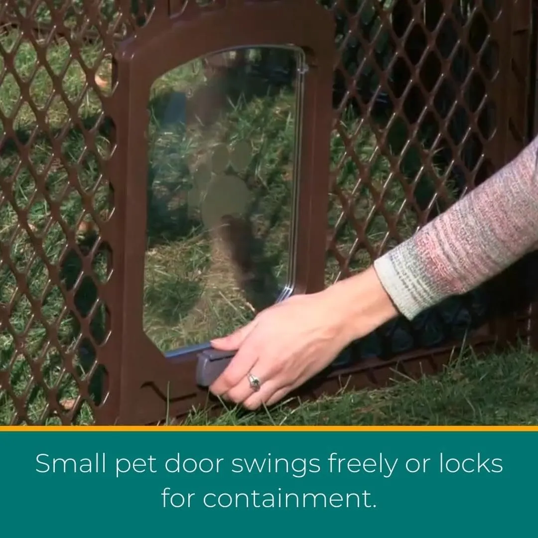 MyPet North States Petyard Passage: 4-Panel Folding Dog Playpen Indoor or Outdoor. 7 sq. ft. Puppy Playpen, Lockable Pet Door. Freestanding Play Pen Dog Gate. Made in USA. 26" Tall, Brown