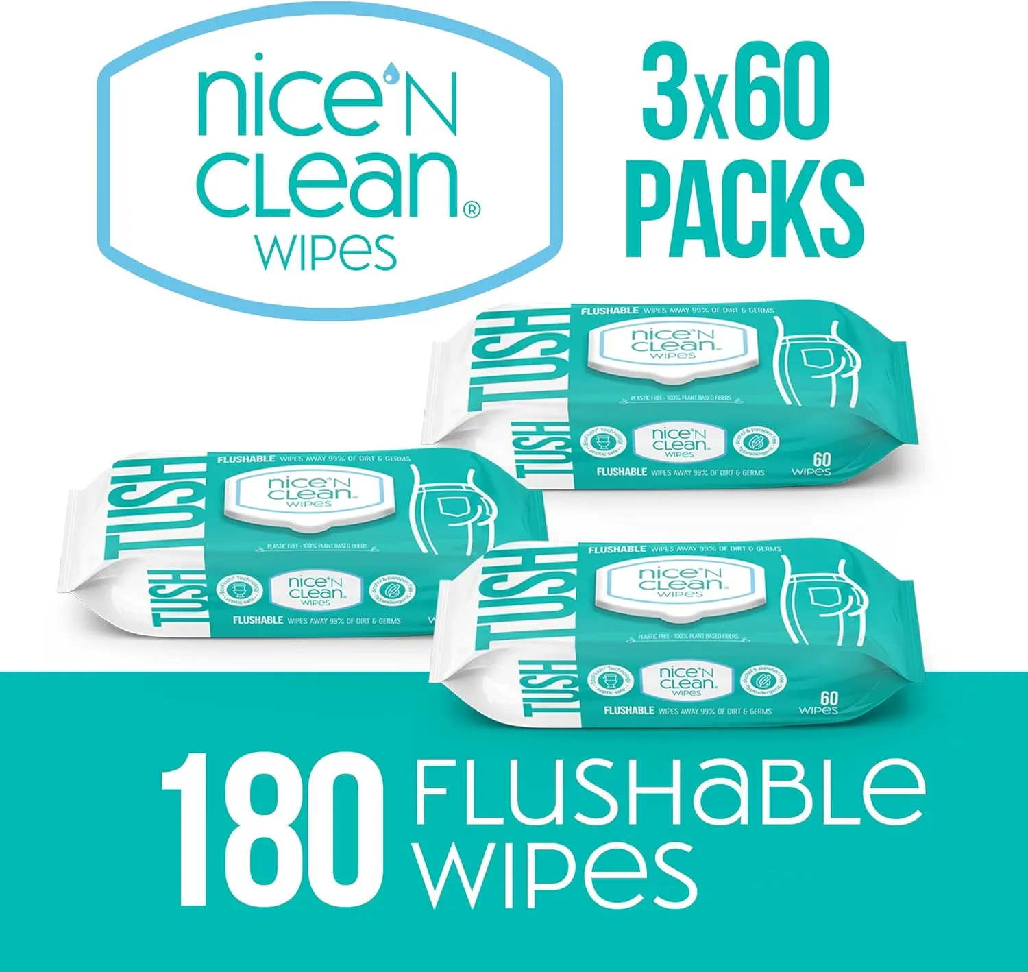 Nice 'N Clean Adult Flushable Wipes (3 x 60 Count) | Personal Cleansing Wipes Made from Plant-Based Fibers | Infused with Aloe & Vitamin E
