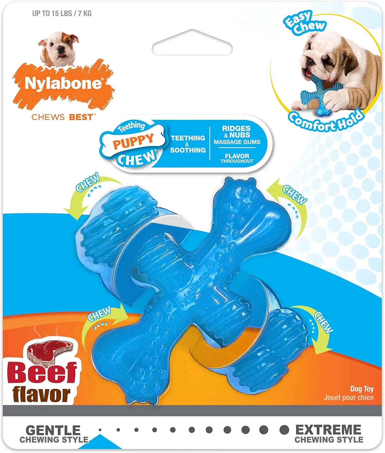 Nylabone Comfort Hold X-Bone Puppy Power Chew Toy for Puppies, Dog Toys for Aggressive Chewers, Beef Flavor, X-Small - Up to 15 lbs, 1 Count