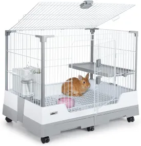 OIIBO Deluxe Rabbit Cage, 32"  21"  26" Large Space Bunny Cage Foldable Small Animal Cage with Pull Out Tray and Caster Platform, Professional Household Anti-Spray Urine Rabbit Cage Hutch Indoor