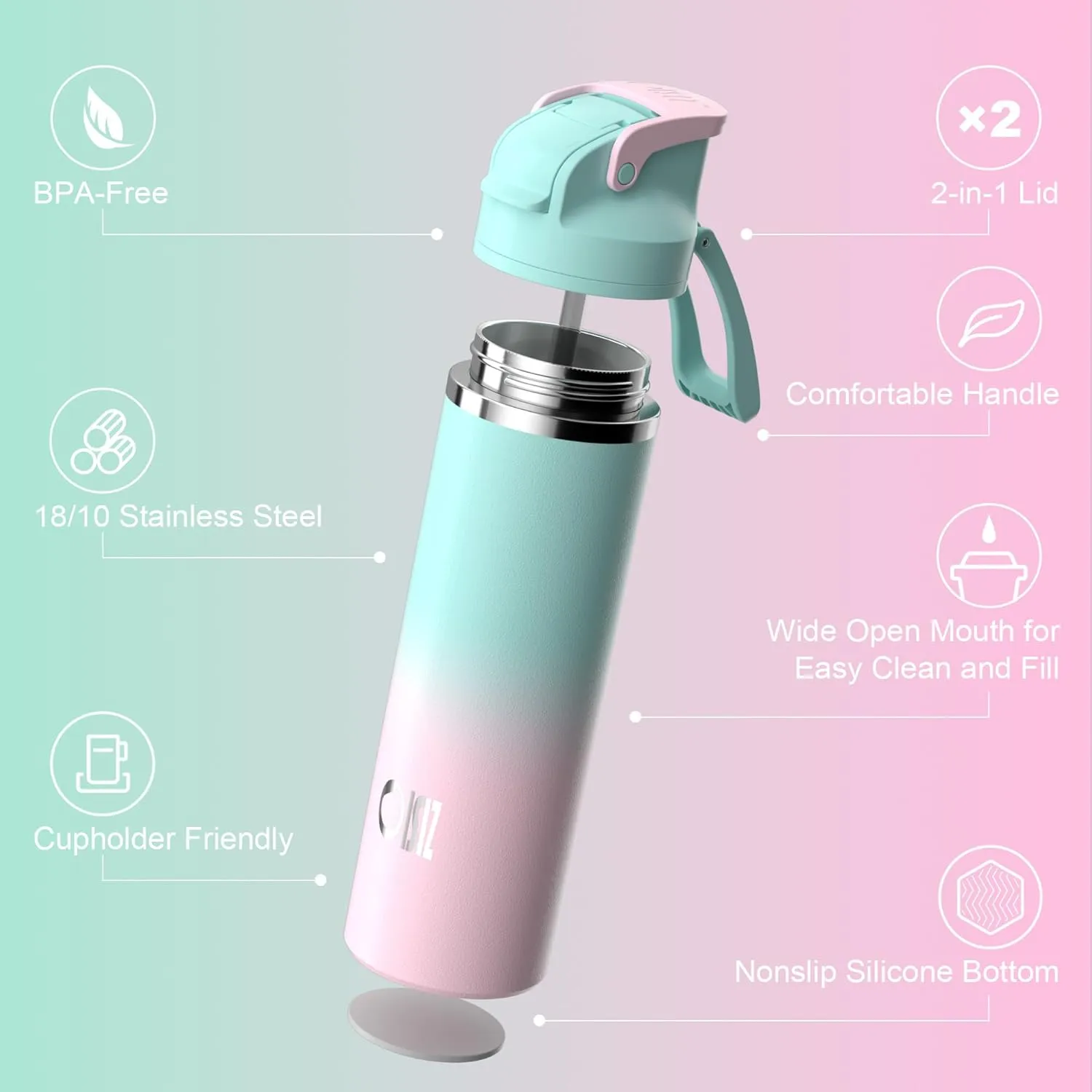 OISIZ Insulated Water Bottle 24 oz with 2-in-1 Straw and Swig Lid, Leakproof and BPA Free, Keep Cold 24H, Vacuum Stainless Steel Water Bottle for School, Travel and Sports, All Dishwasher Safe