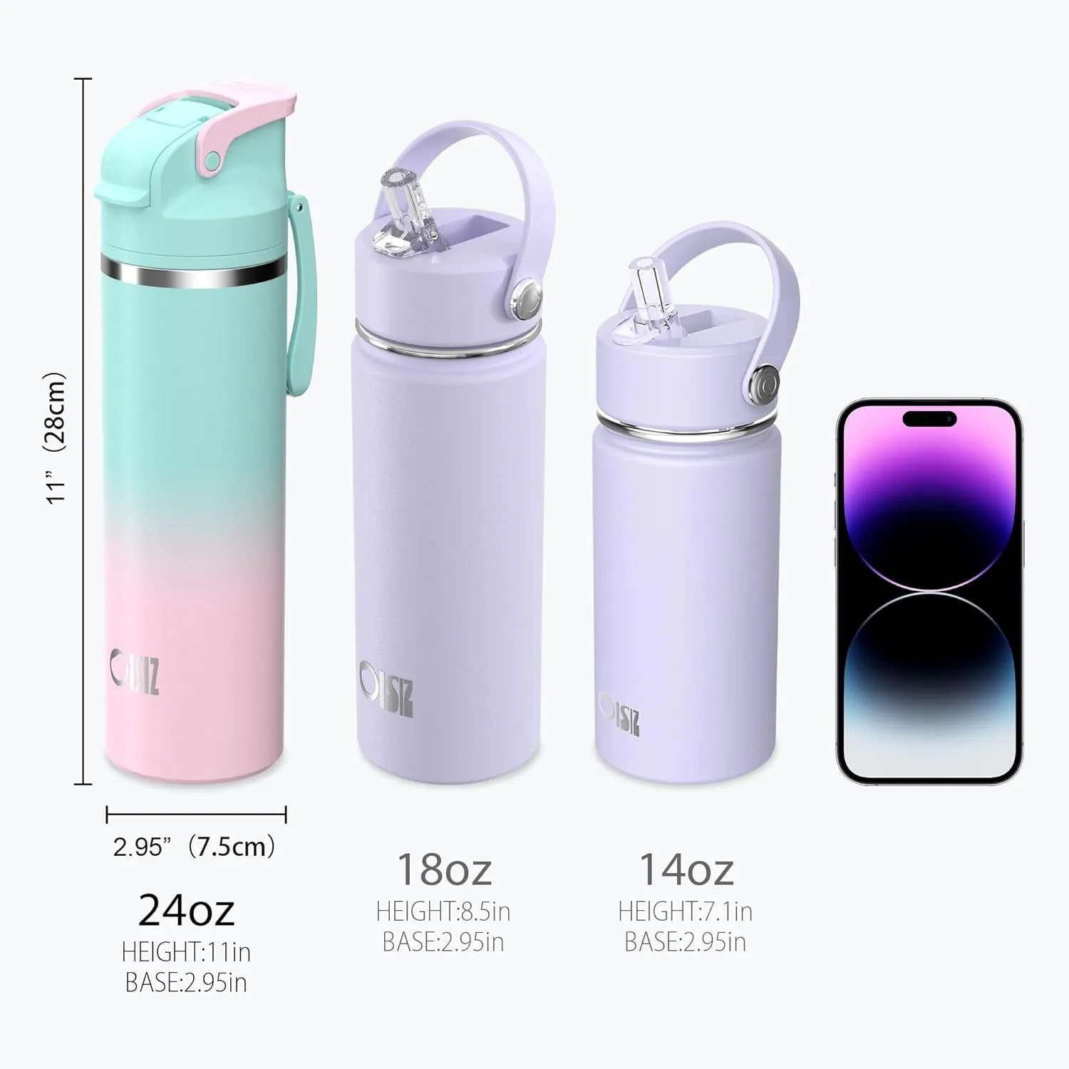 OISIZ Insulated Water Bottle 24 oz with 2-in-1 Straw and Swig Lid, Leakproof and BPA Free, Keep Cold 24H, Vacuum Stainless Steel Water Bottle for School, Travel and Sports, All Dishwasher Safe