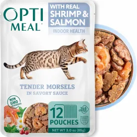 Optimeal Grain-Free Wet Cat Food  Shrimp & Salmon Recipe, High Protein & Moisture Rich Indoor Adult Cats Food, Tender Morsels in Savory Gravy Natural Ingredients - 3 oz Pouches, 12 Pack