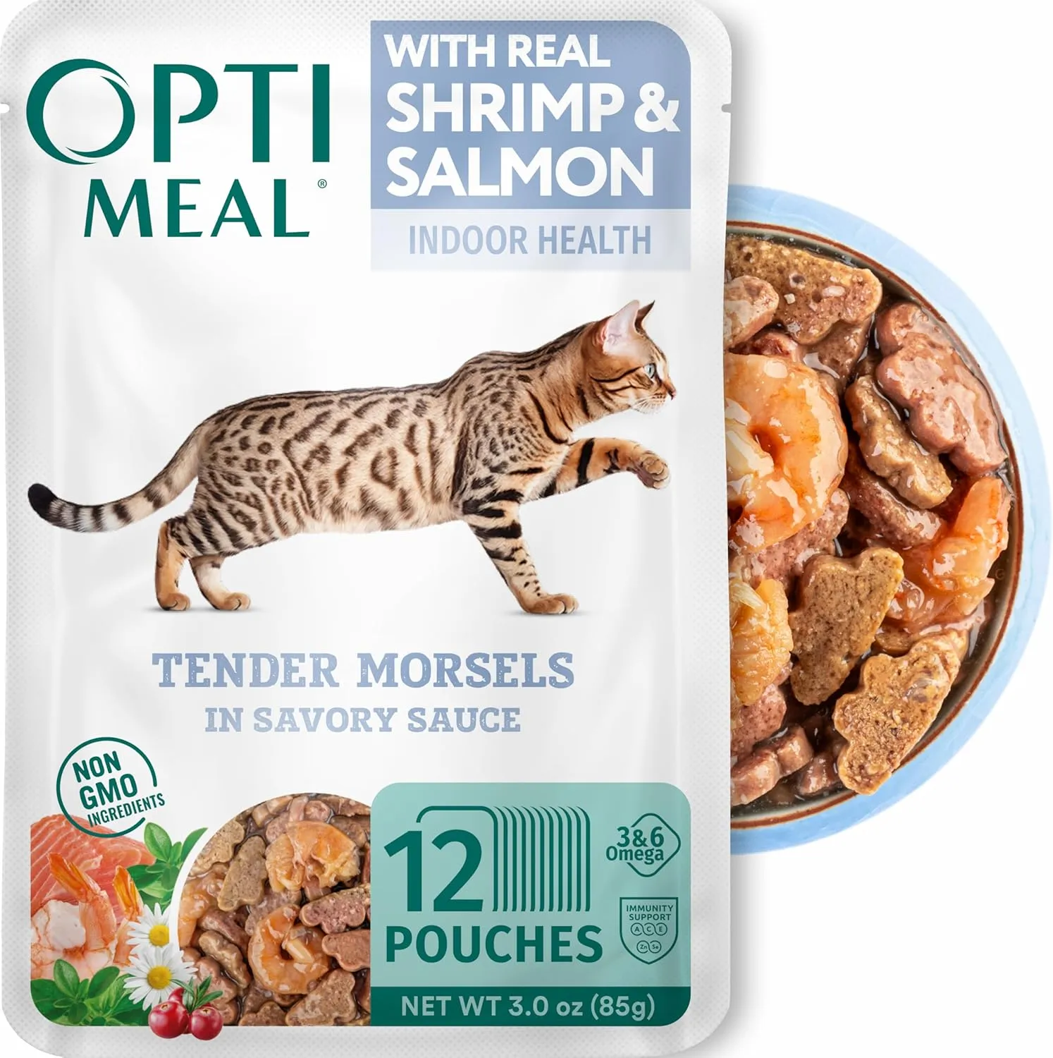 Optimeal Grain-Free Wet Cat Food  Shrimp & Salmon Recipe, High Protein & Moisture Rich Indoor Adult Cats Food, Tender Morsels in Savory Gravy Natural Ingredients - 3 oz Pouches, 12 Pack