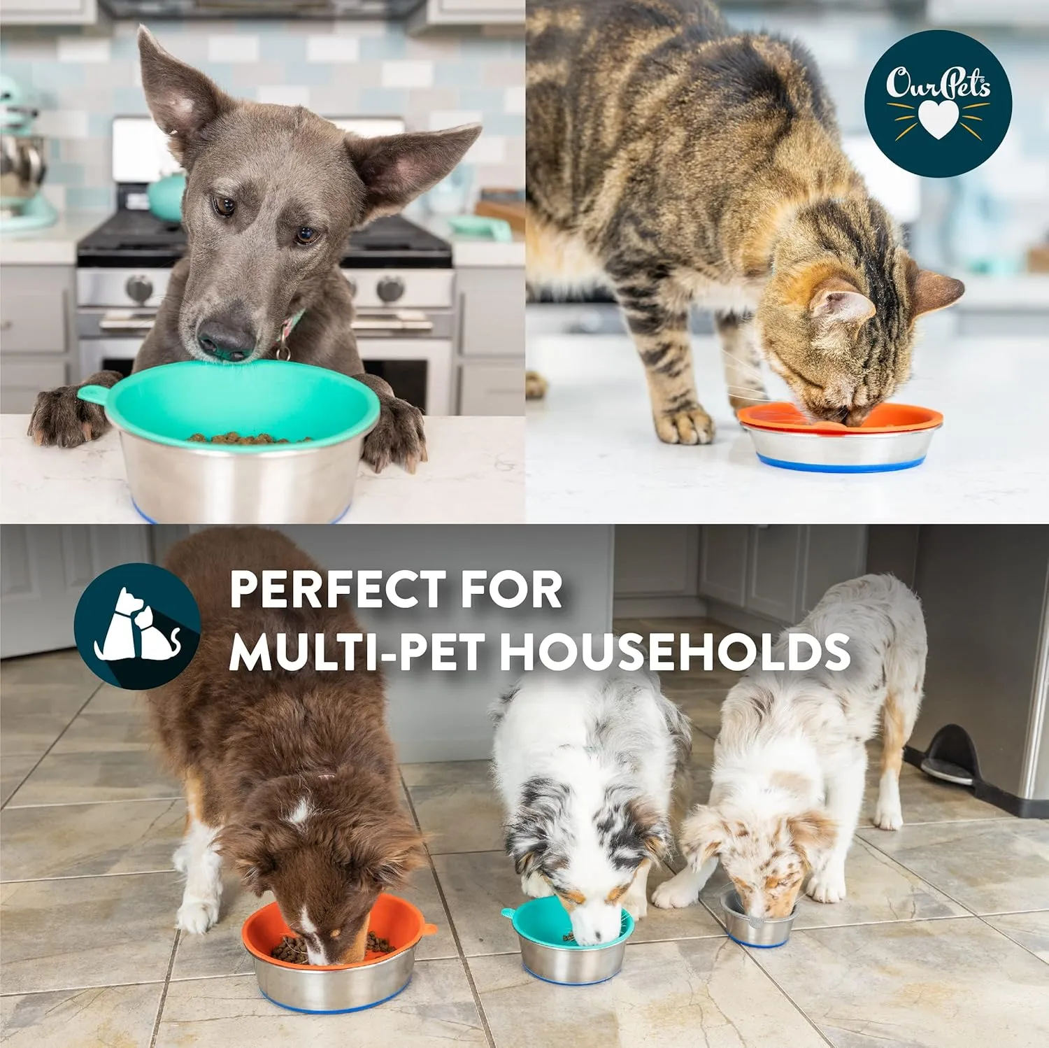 OurPet's Non-Slip Stainless Steel Dog Bowl or Water Bowls with 3 Pieces TPE Inserts for Medium Sized Dogs for Everyday use or Travel Pet Bowl; Compatible with Dog Food Mat