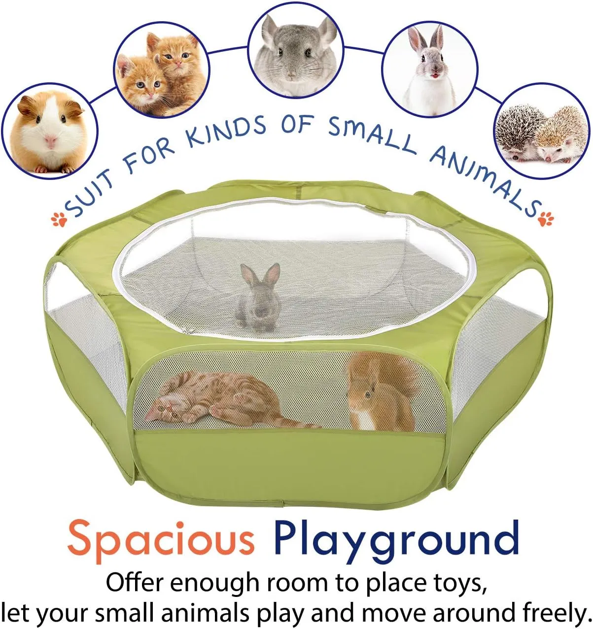 Pawaboo Small Animals Playpen, Waterproof Small Pet Cage Tent with Zippered Cover, Portable Outdoor Yard Fence with 3 Metal Rod for Chick/Kitten/Puppy/Guinea Pig/Rabbits/Hamster/Chinchillas,Green