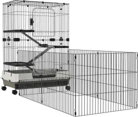 PawHut 4-Level Small Animal Cage Rabbit Hutch with Wheels, Removable Tray, Platform, Playpen and Ramp for Bunny, Chinchillas, Ferret, Black