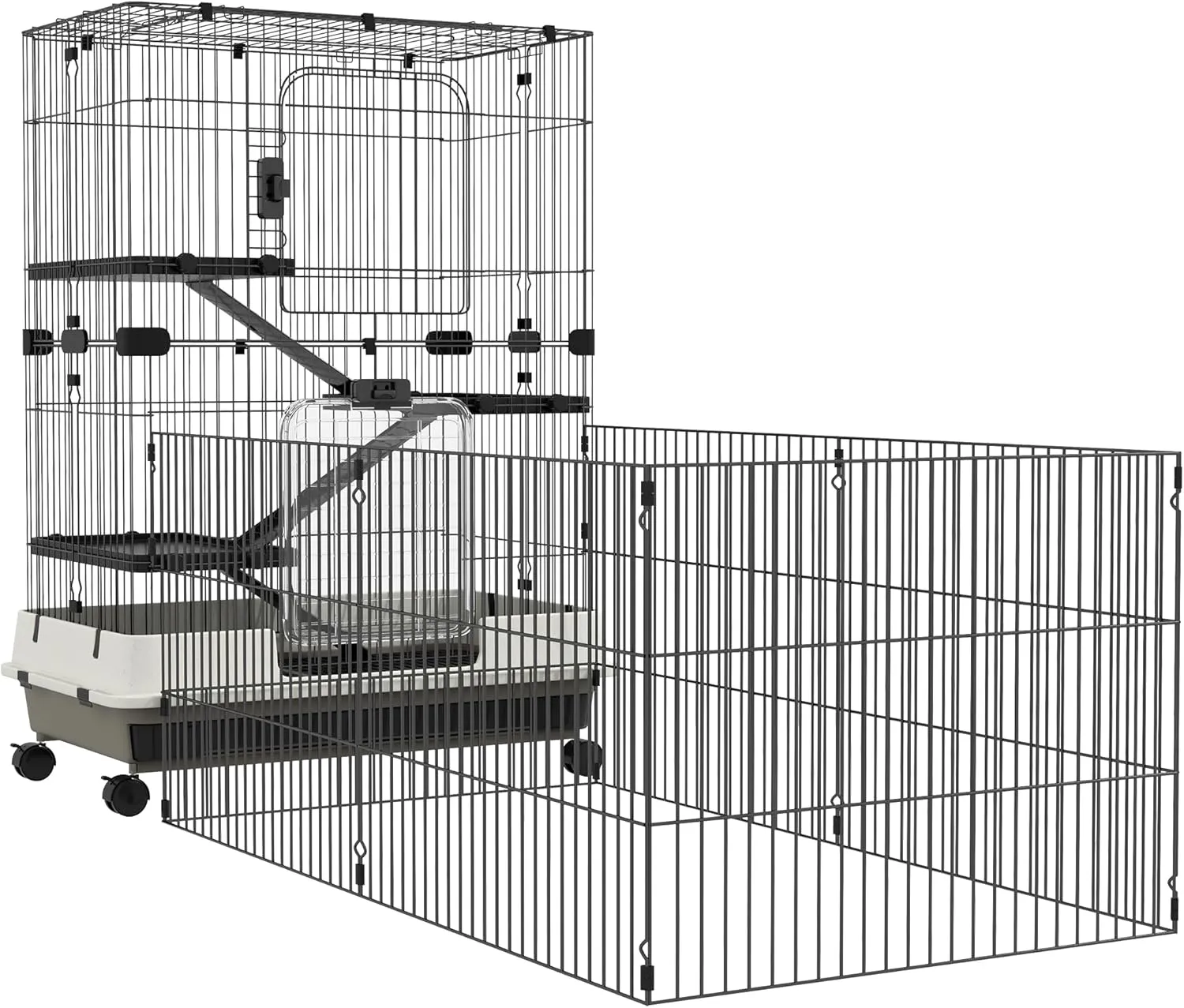 PawHut 4-Level Small Animal Cage Rabbit Hutch with Wheels, Removable Tray, Platform, Playpen and Ramp for Bunny, Chinchillas, Ferret, Black