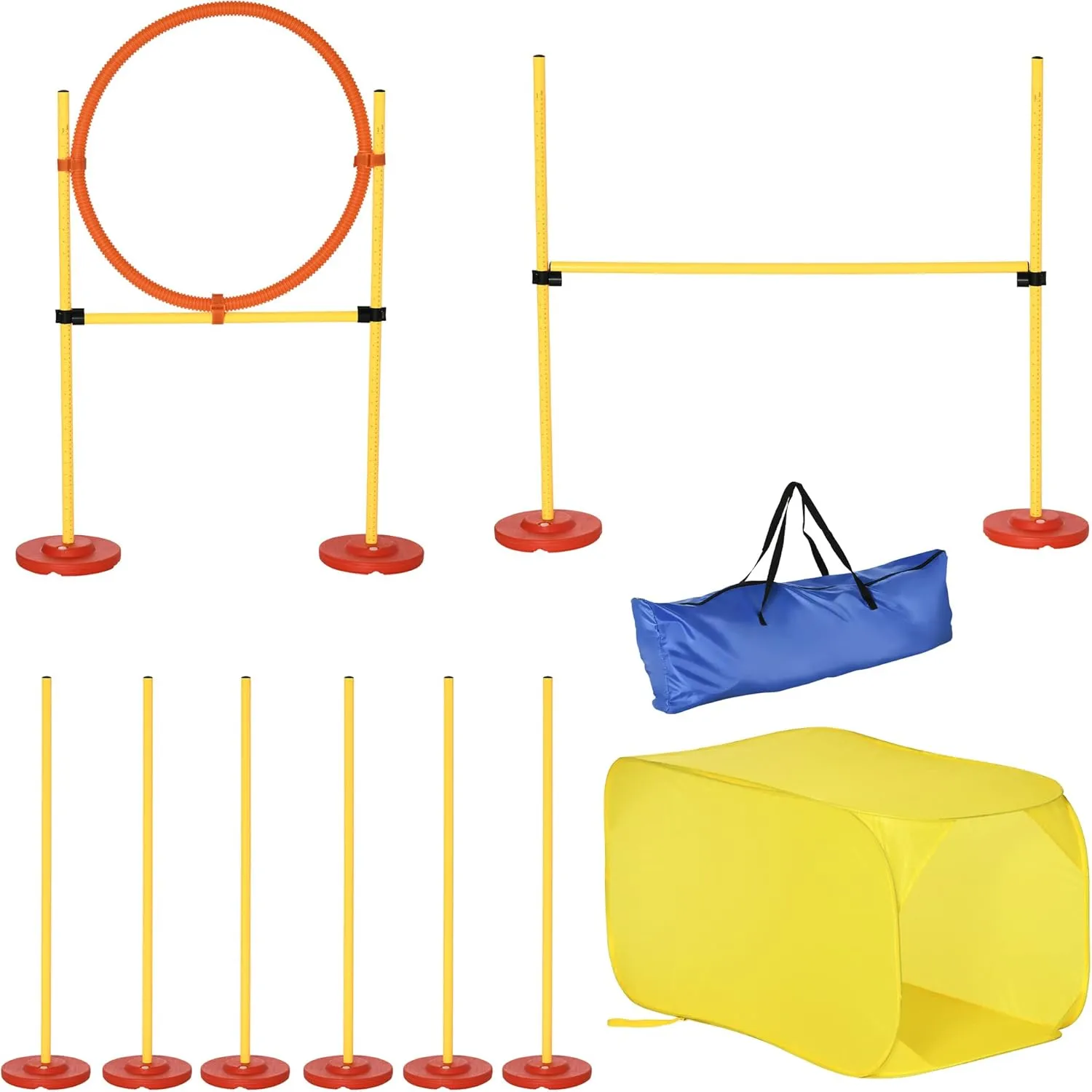 PawHut 4-Piece Dog Agility Training Equipment Doggie Obstacle Course with Tunnel, Hurdle Bar, Hoop, Weave Poles, and Easy Carry Case