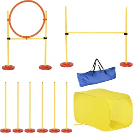 PawHut 4-Piece Dog Agility Training Equipment Doggie Obstacle Course with Tunnel, Hurdle Bar, Hoop, Weave Poles, and Easy Carry Case