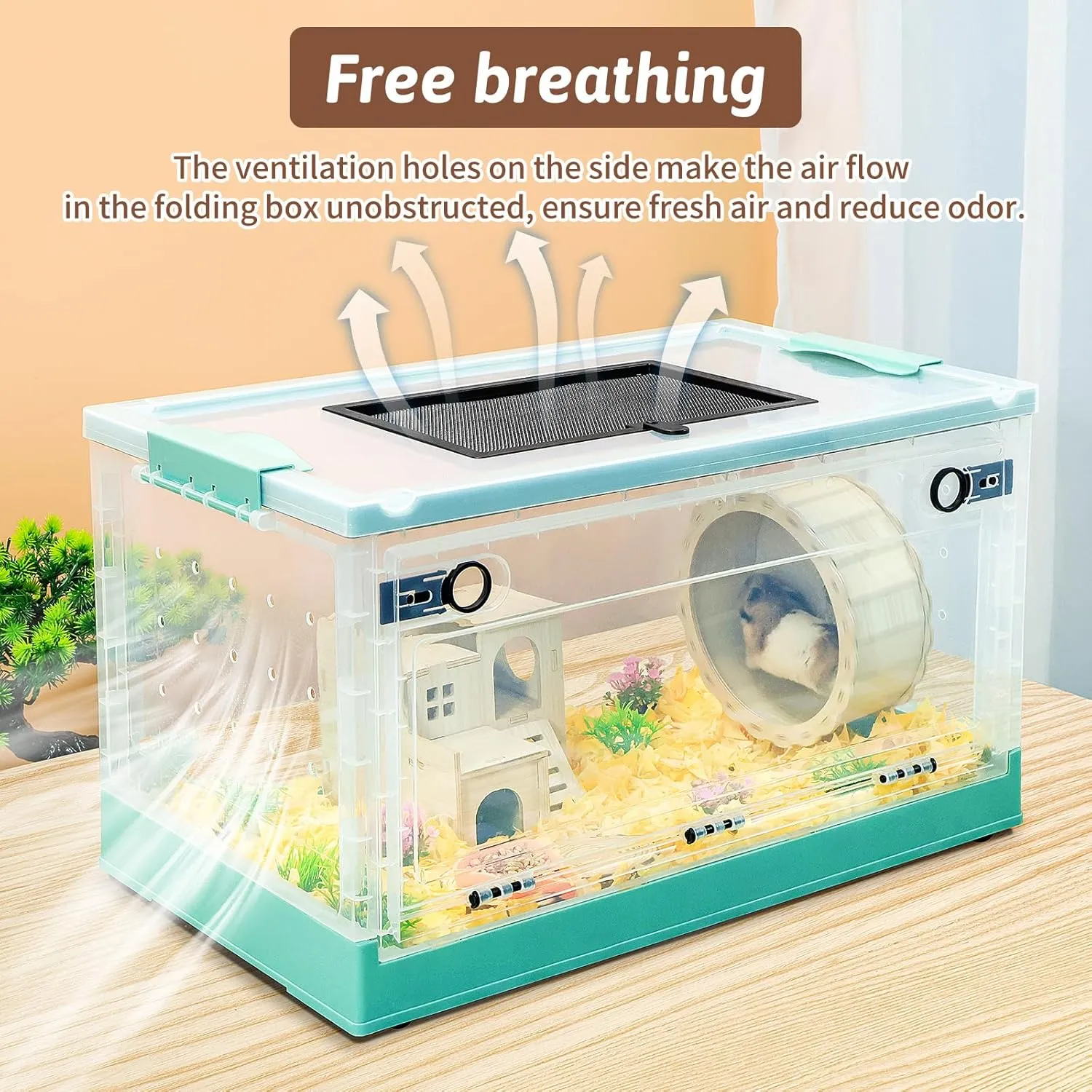 Portable and Foldable Hamster Cages with Wheels, Castle Habitat, and Exercise Wheel, Easy to Move and Store Suitable for Guinea Pigs, Rat and Other Small Animals (Blue)