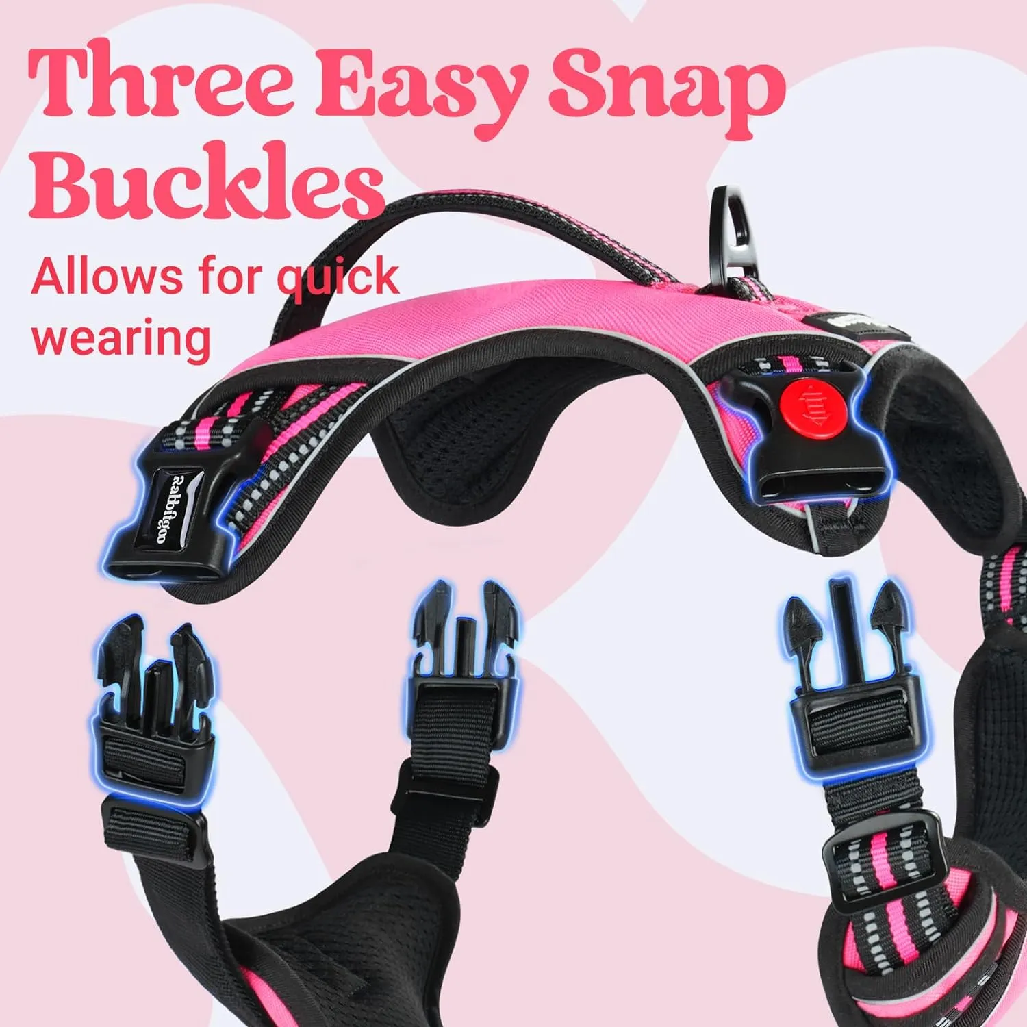 rabbitgoo Dog Harness Medium Sized, No Pull Pet Harness with Soft Padded Handle, Adjustable Reflective Vest with 3 Buckles, Easy Walking Harness with 2 Leash Clips, Pink, M