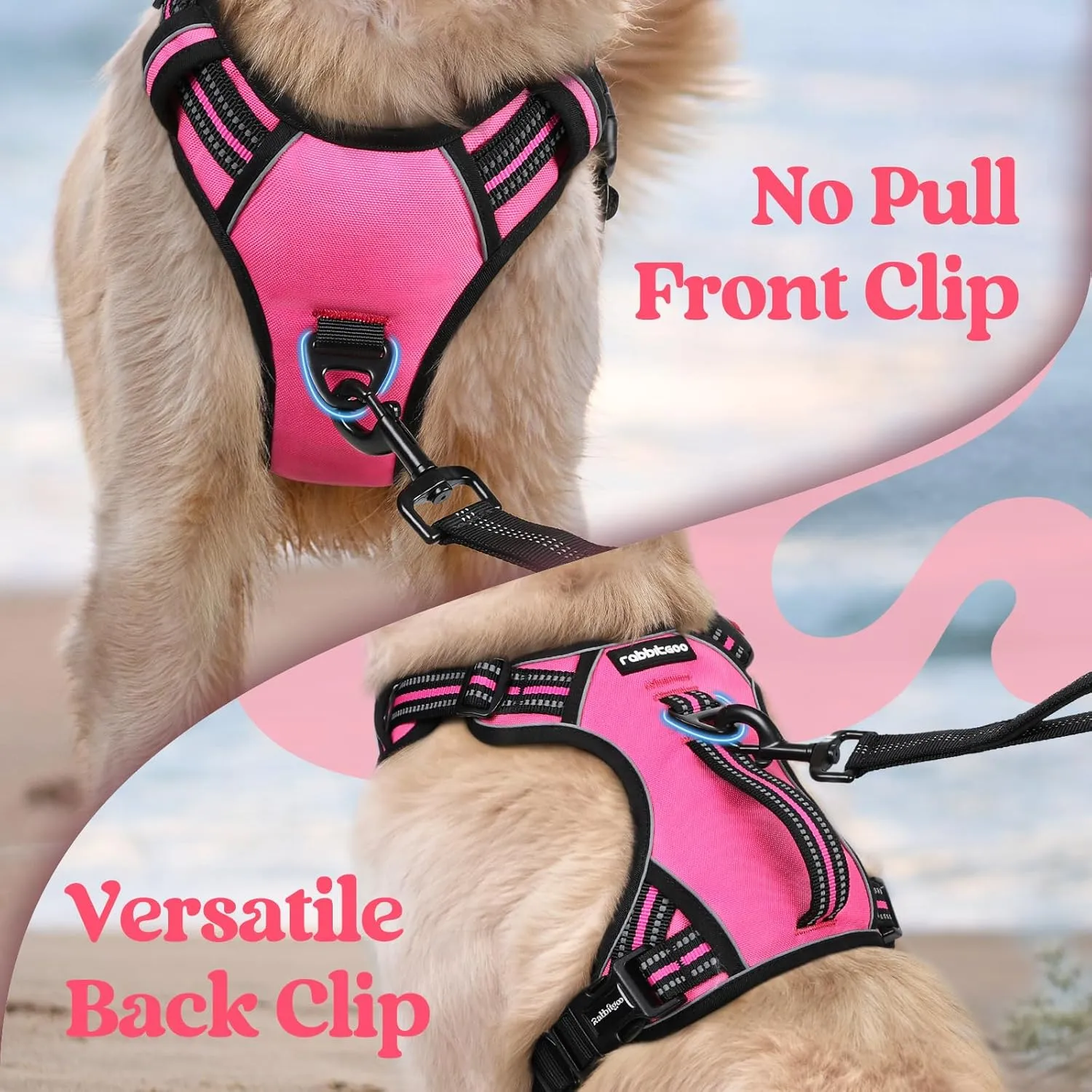 rabbitgoo Dog Harness Medium Sized, No Pull Pet Harness with Soft Padded Handle, Adjustable Reflective Vest with 3 Buckles, Easy Walking Harness with 2 Leash Clips, Pink, M