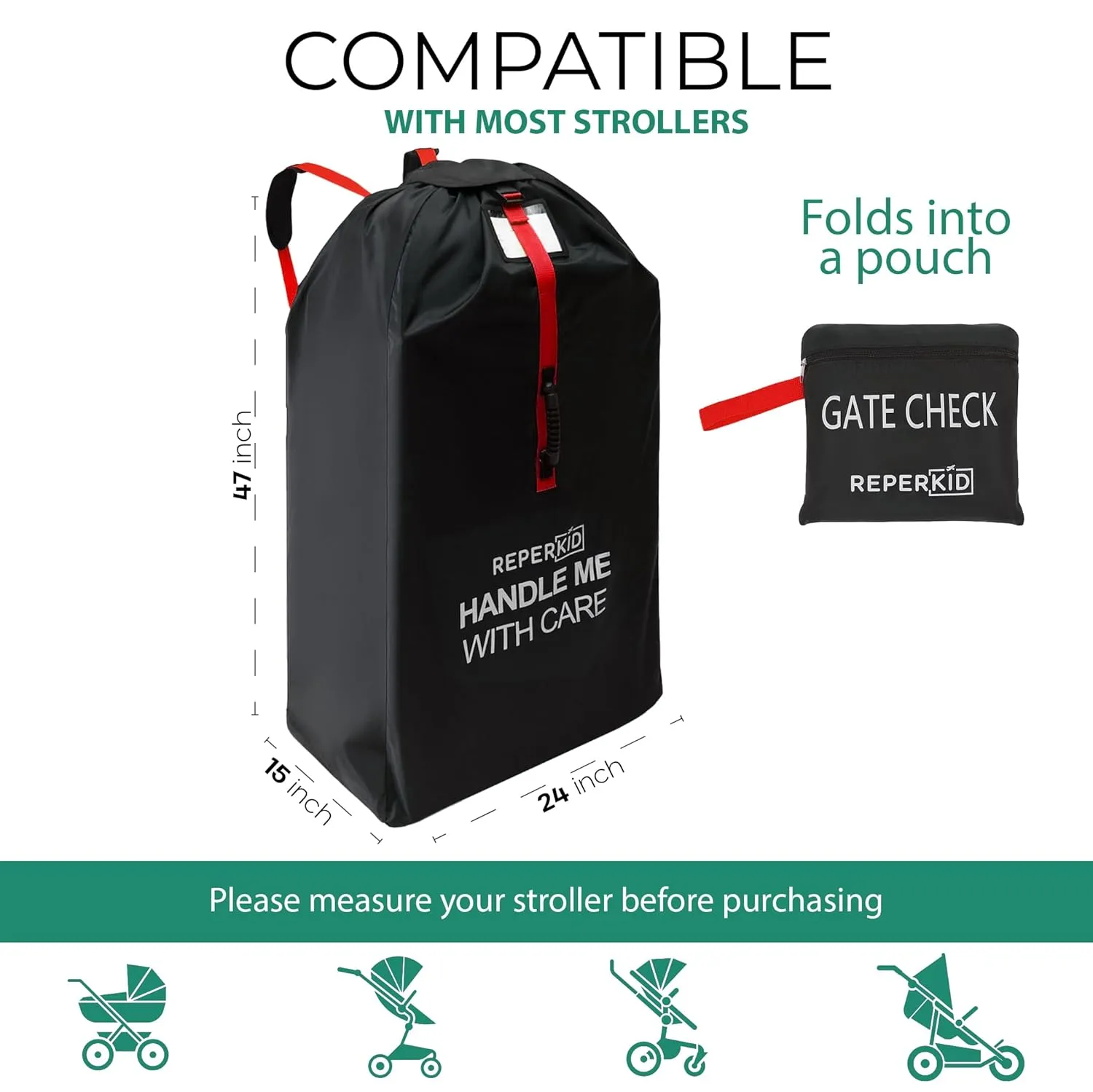 reperkid Large Stroller Bag for Airplane Travel, Black & Red, 47" H x 24" W x 15" D, Fits Most Large, Single, Double, Jogging Strollers  Premium Waterproof Cover, Adjustable Shoulder Straps