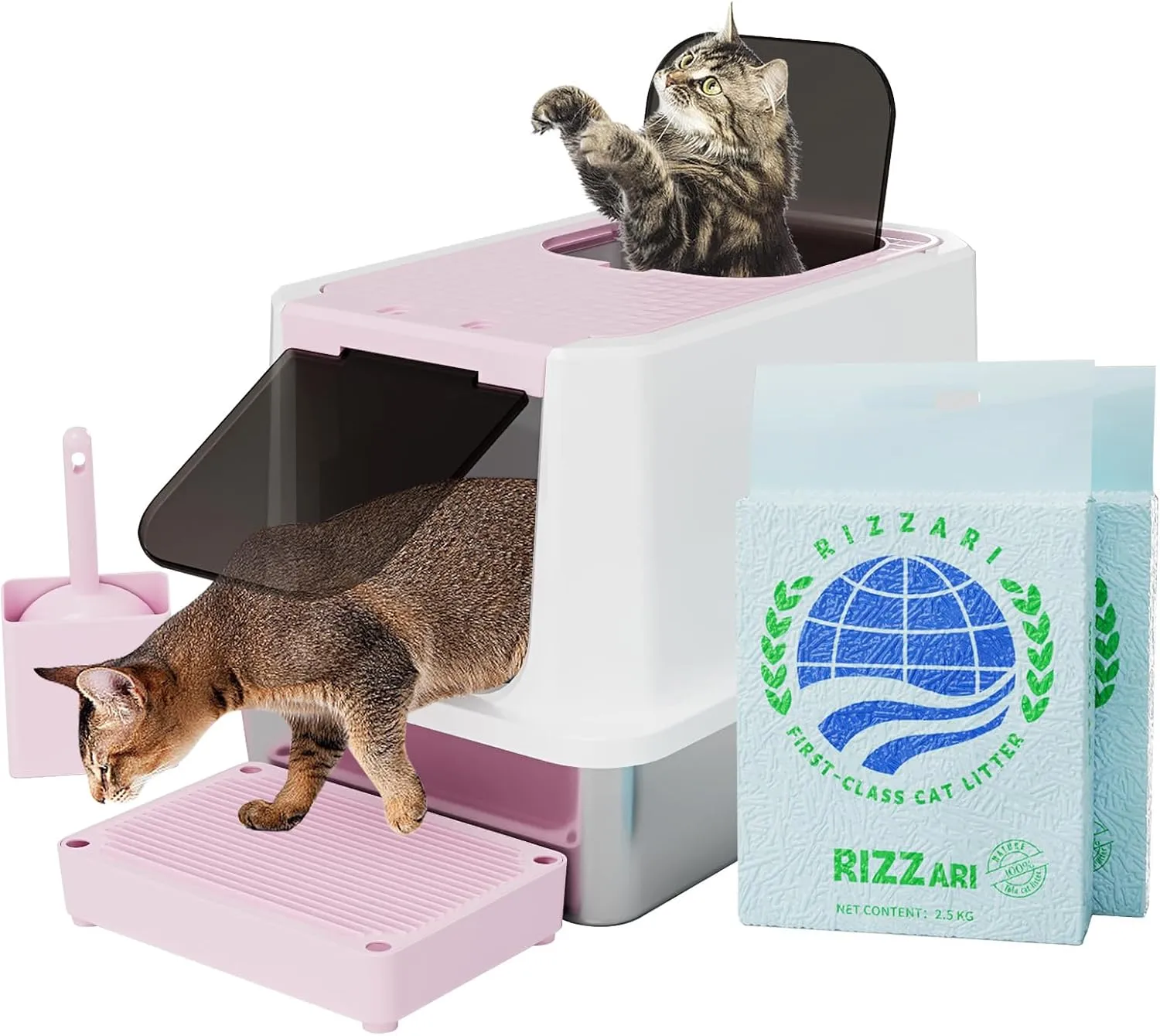 RIZZARI Stainless Steel Cat Litter Box, Enclosed Top-Entry Design, Large Capacity High-Sided Leak Proof Litter Pan for Cats, Easy Clean Pet Toilet (Pink, with Cat Litter)