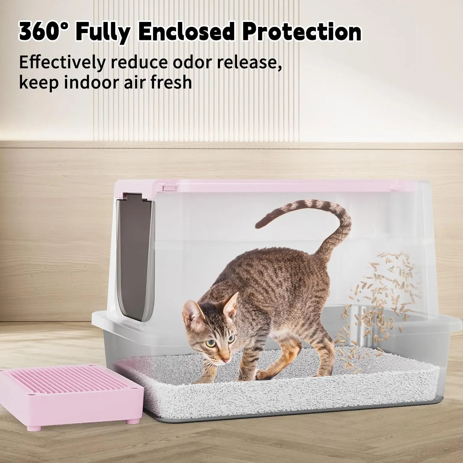 RIZZARI Stainless Steel Cat Litter Box, Enclosed Top-Entry Design, Large Capacity High-Sided Leak Proof Litter Pan for Cats, Easy Clean Pet Toilet (Pink, with Cat Litter)