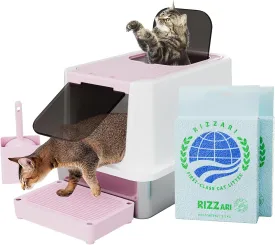 RIZZARI Stainless Steel Cat Litter Box, Enclosed Top-Entry Design, Large Capacity High-Sided Leak Proof Litter Pan for Cats, Easy Clean Pet Toilet (Pink, with Cat Litter)