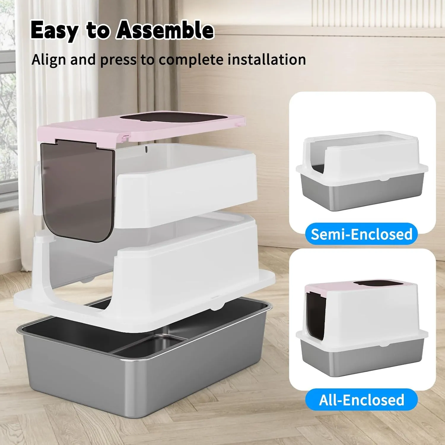RIZZARI Stainless Steel Cat Litter Box, Enclosed Top-Entry Design, Large Capacity High-Sided Leak Proof Litter Pan for Cats, Easy Clean Pet Toilet (Pink, with Cat Litter)