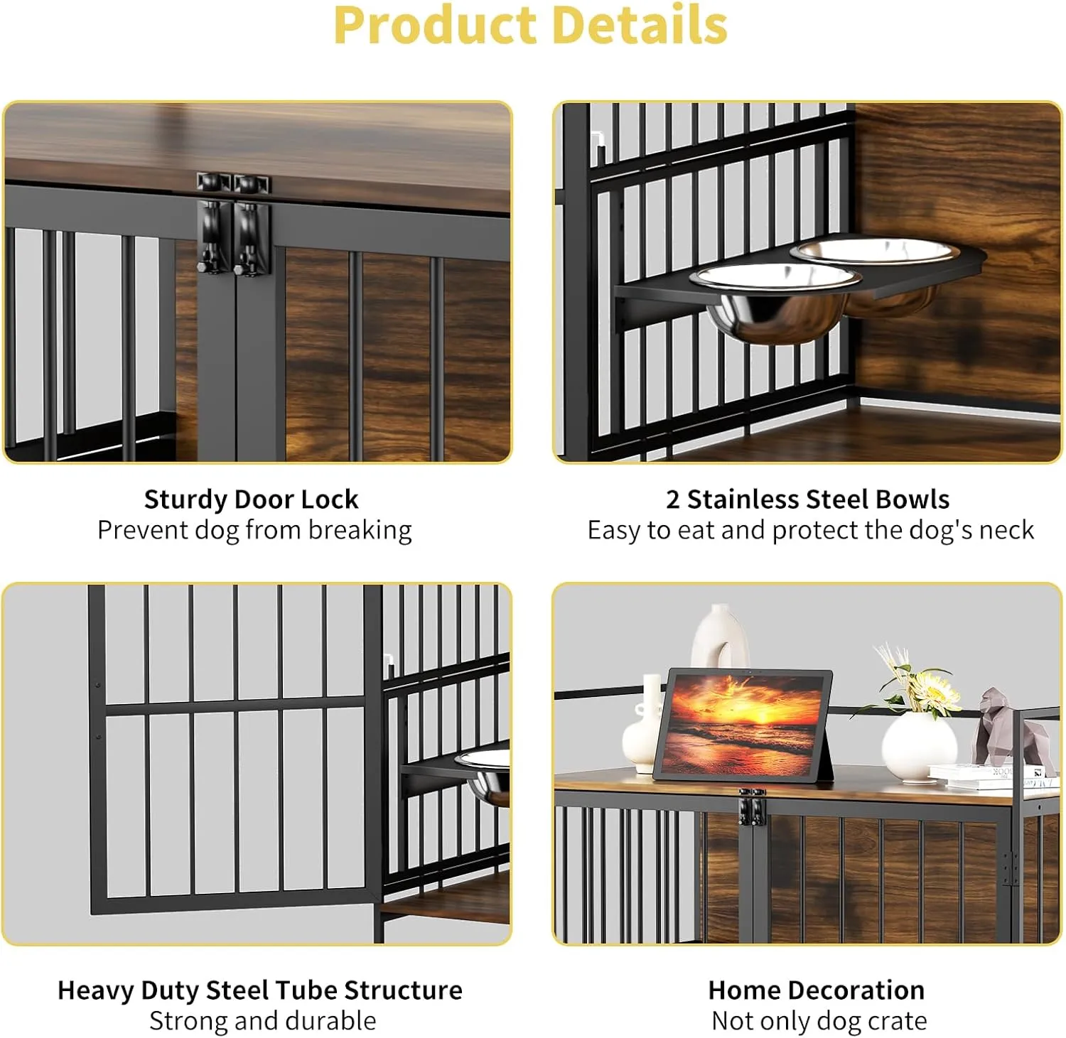 ROOMTEC Dog Crate Furniture-Style Cages for Large Dogs Indoor Heavy Duty Super Sturdy Dog Kennels with 2 Stainless Steel Bowls (48Inch = Int.dims: 46" W x 29" D x 35.5" H)