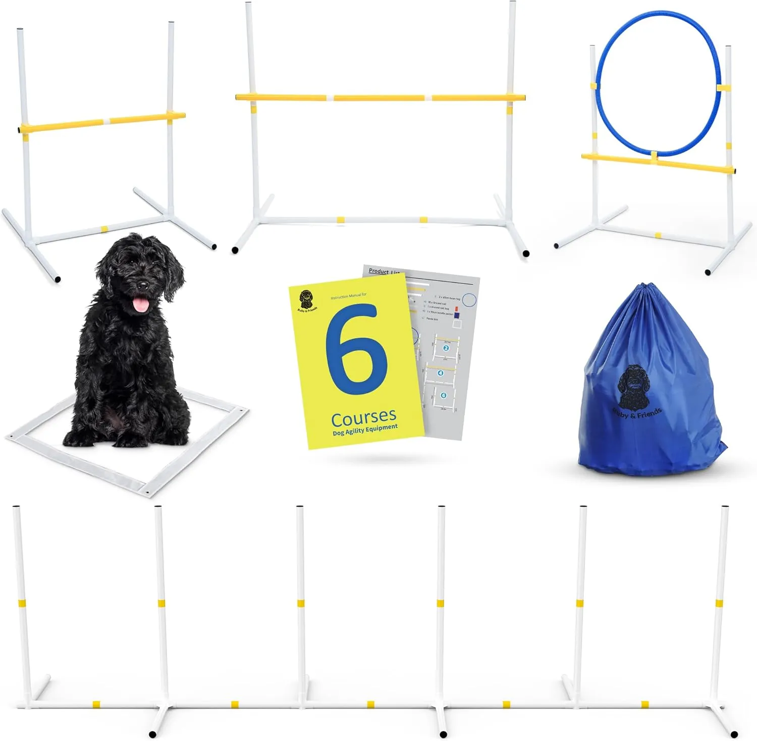 Ruby & Friends Dog Agility Course Backyard Set: Create 6 Sturdy Obstacle Courses with Our Dog Agility Equipment, Including Weave Poles, Ring Jumps and Hurdles with This Obstacle Course for Dogs