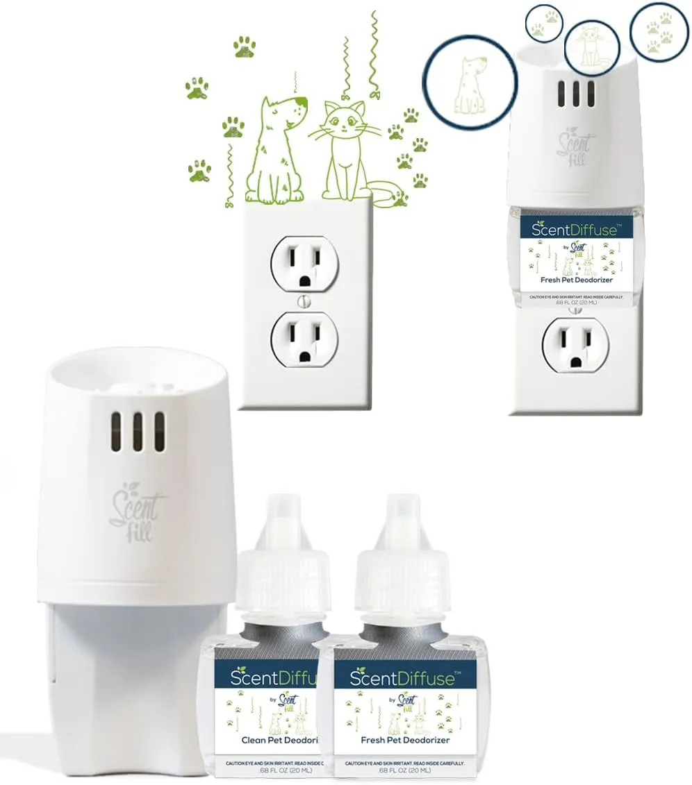 ScentDiffuse Pet Odor Deodorizing Air Freshener Starter Kit, 2 Refills   Diffuser