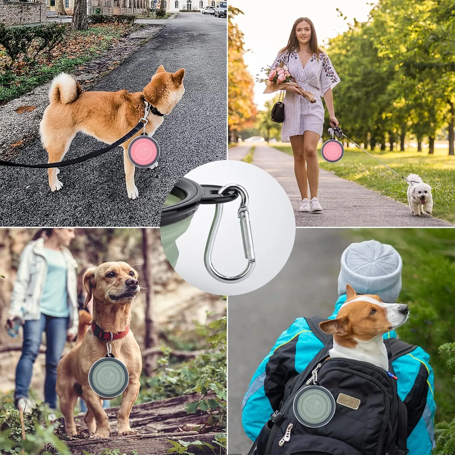 SLSON Collapsible Pet Feeder, 2 Pack Dog Bowls with Cover Lids, Portable Foldable Cat Water Dish Bowl for Pets, Small, Fairy Pink and Sprout Green