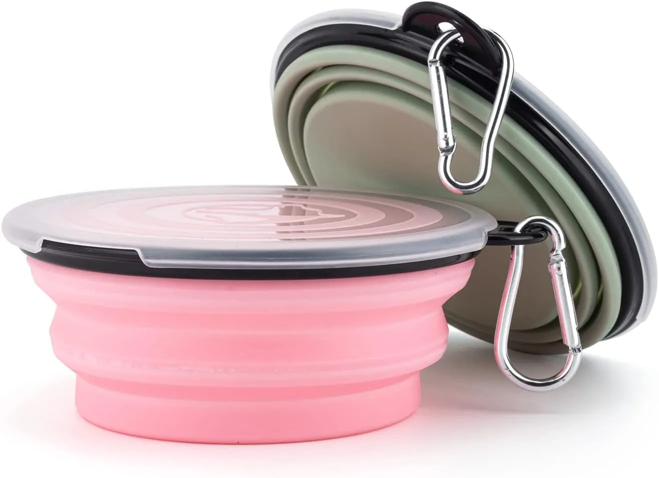 SLSON Collapsible Pet Feeder, 2 Pack Dog Bowls with Cover Lids, Portable Foldable Cat Water Dish Bowl for Pets, Small, Fairy Pink and Sprout Green