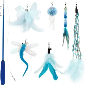 SONGWAY Cat Wand Toys for Indoor Cats - Cat Toy Set with Retractable Teaser Wand and 6 PCS Fairy Feather Toy Refills, Butterfly Tassel Plush Cat Toys Interactive, Blue
