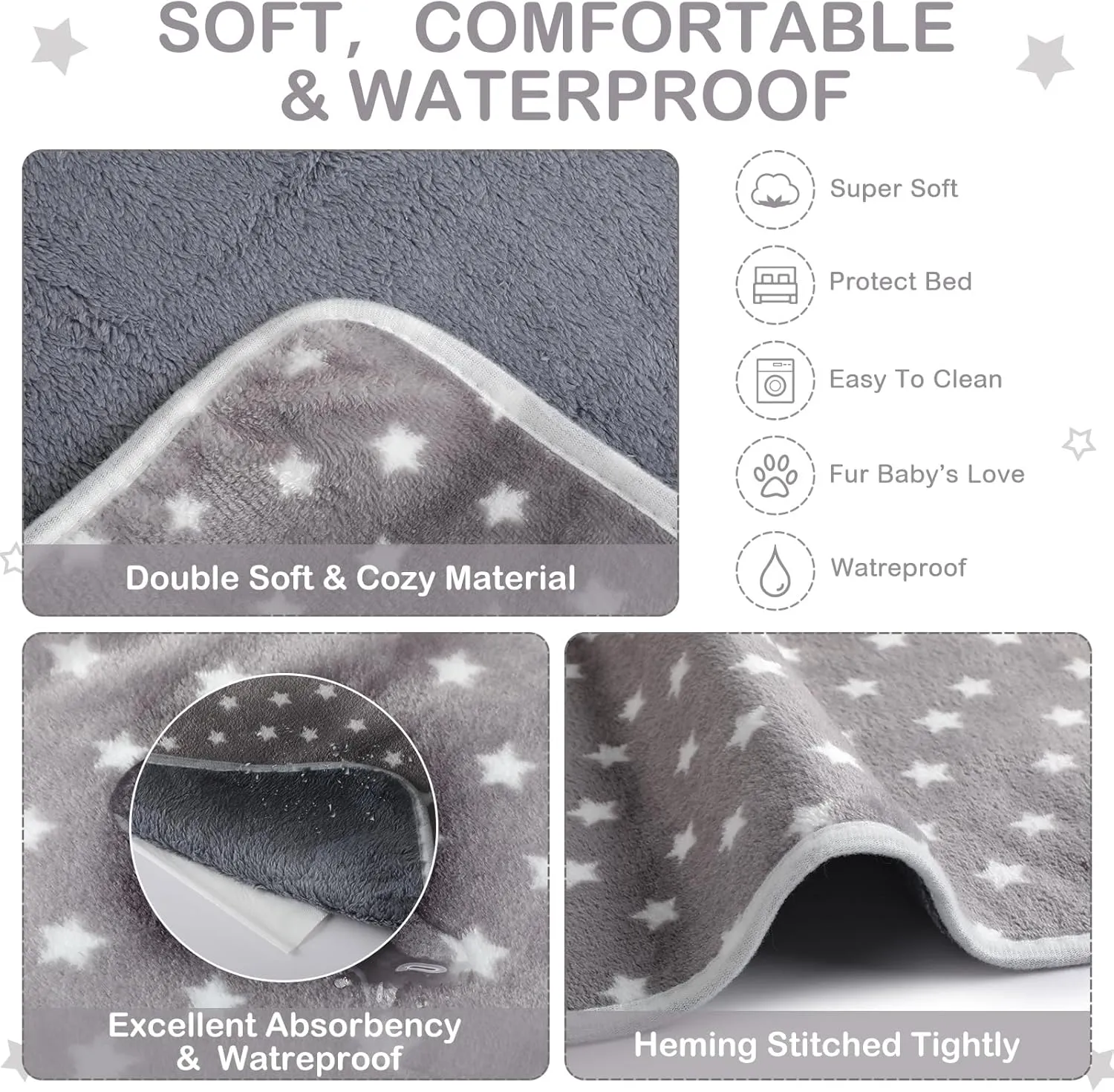 Tranqun 4 Pcs Puppy Pee Pads Waterproof Reusable Training Washable Pee Pads for Dog Cat Throw Blanket Pet Crate Mats Blanket Stars Pattern Animals Cage Liner(Gray,16 x 24 Inch)