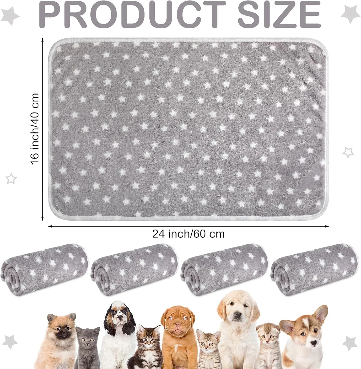Tranqun 4 Pcs Puppy Pee Pads Waterproof Reusable Training Washable Pee Pads for Dog Cat Throw Blanket Pet Crate Mats Blanket Stars Pattern Animals Cage Liner(Gray,16 x 24 Inch)