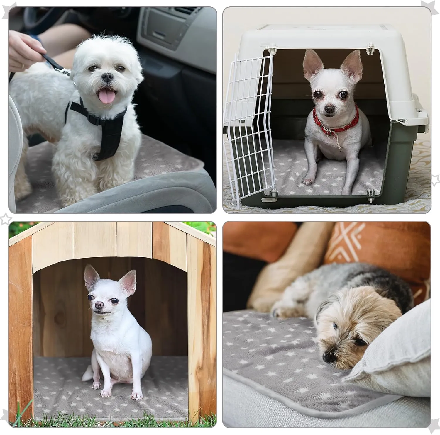 Tranqun 4 Pcs Puppy Pee Pads Waterproof Reusable Training Washable Pee Pads for Dog Cat Throw Blanket Pet Crate Mats Blanket Stars Pattern Animals Cage Liner(Gray,16 x 24 Inch)