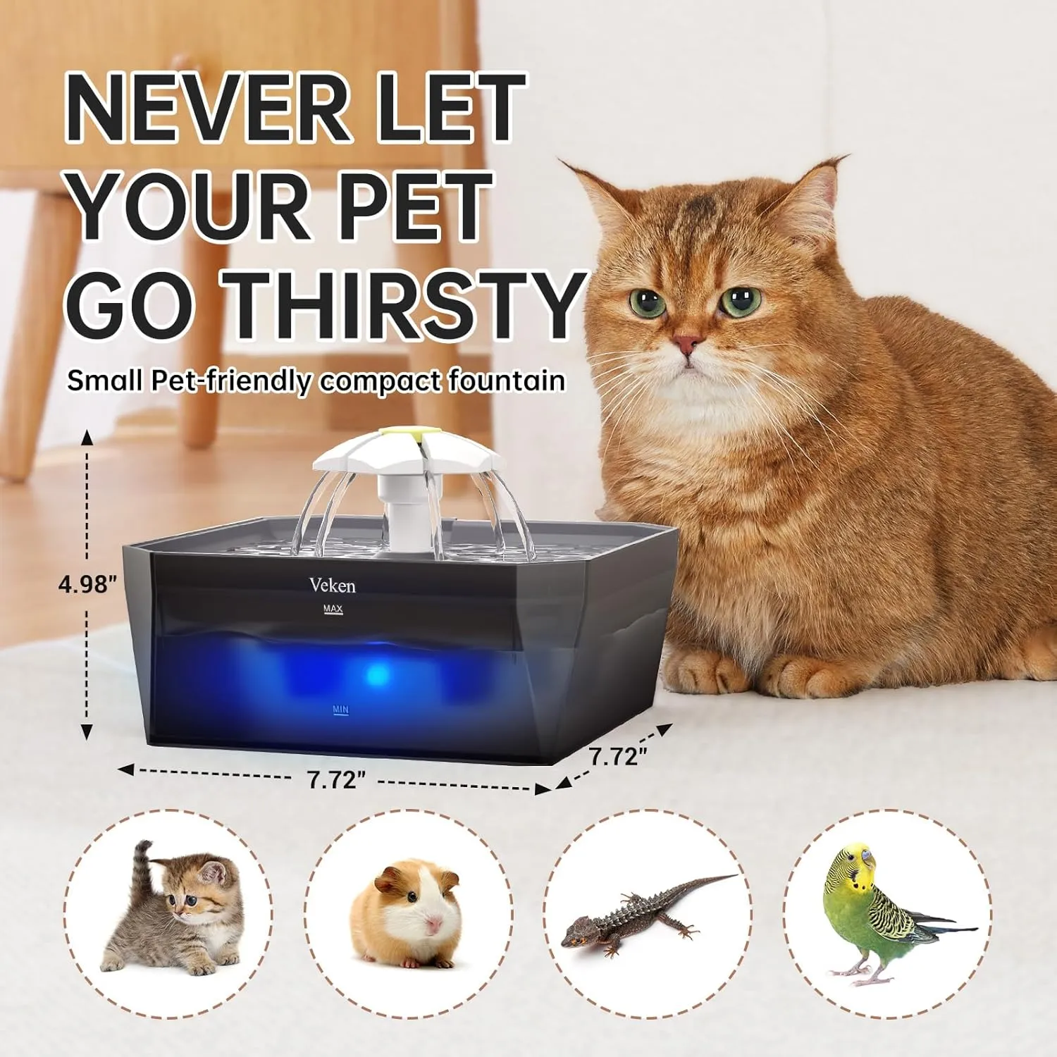 Veken Small Pet-Friendly Cat Water Fountain with Quiet Pump, Easy to Clean & Assemble, 50oz Mini Pet Water Dispenser for Cats, Dogs and Small Animals, Grey