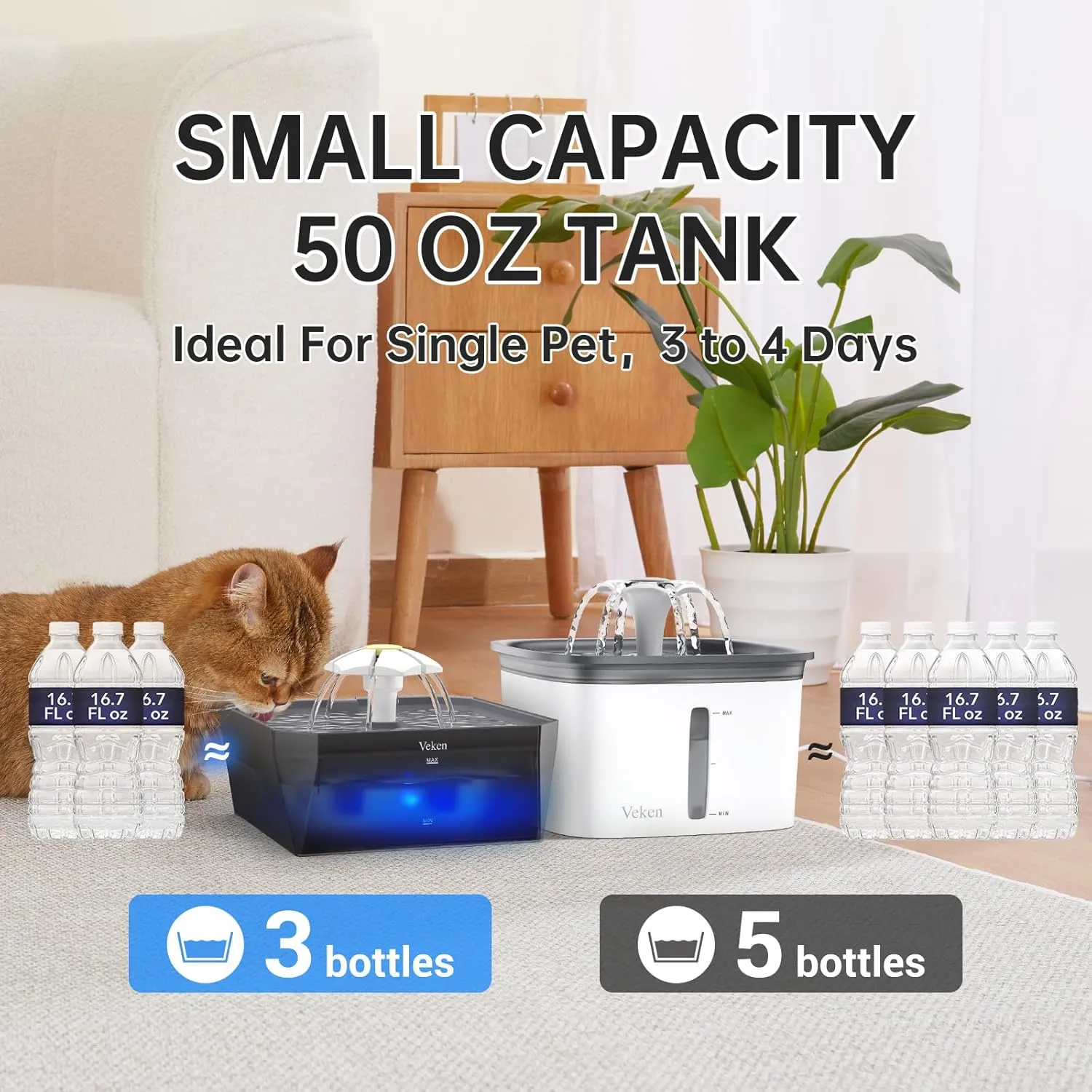 Veken Small Pet-Friendly Cat Water Fountain with Quiet Pump, Easy to Clean & Assemble, 50oz Mini Pet Water Dispenser for Cats, Dogs and Small Animals, Grey