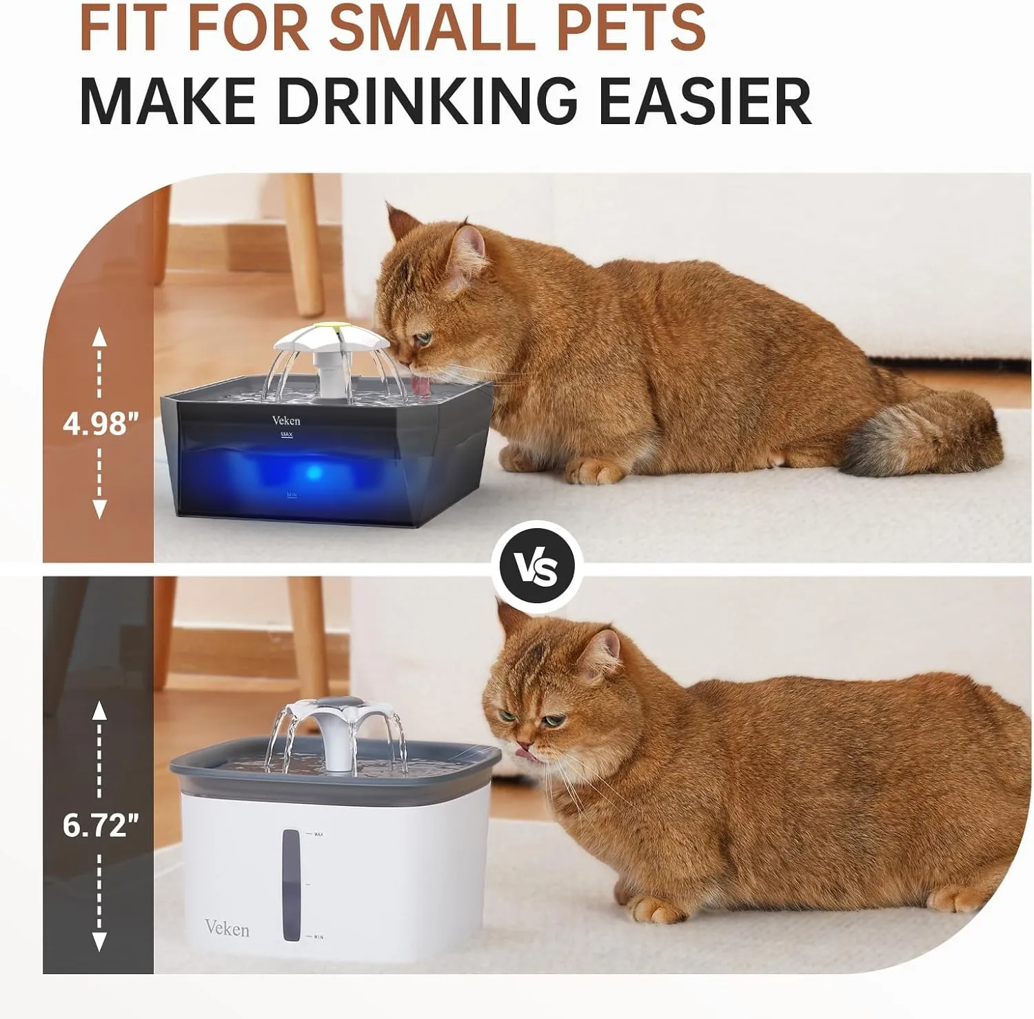 Veken Small Pet-Friendly Cat Water Fountain with Quiet Pump, Easy to Clean & Assemble, 50oz Mini Pet Water Dispenser for Cats, Dogs and Small Animals, Grey
