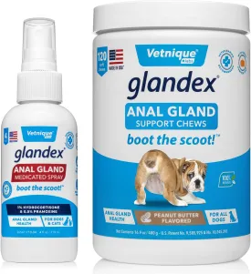 Vetnique Labs Glandex Anal Gland Medicated Spray for Dogs & Cats (4oz) and Glandex Anal Gland Support Chews 120 Count Bundle Dog Deodorizing Spray & Anti-Itch Spray, Anal Gland Treats with Probiotics