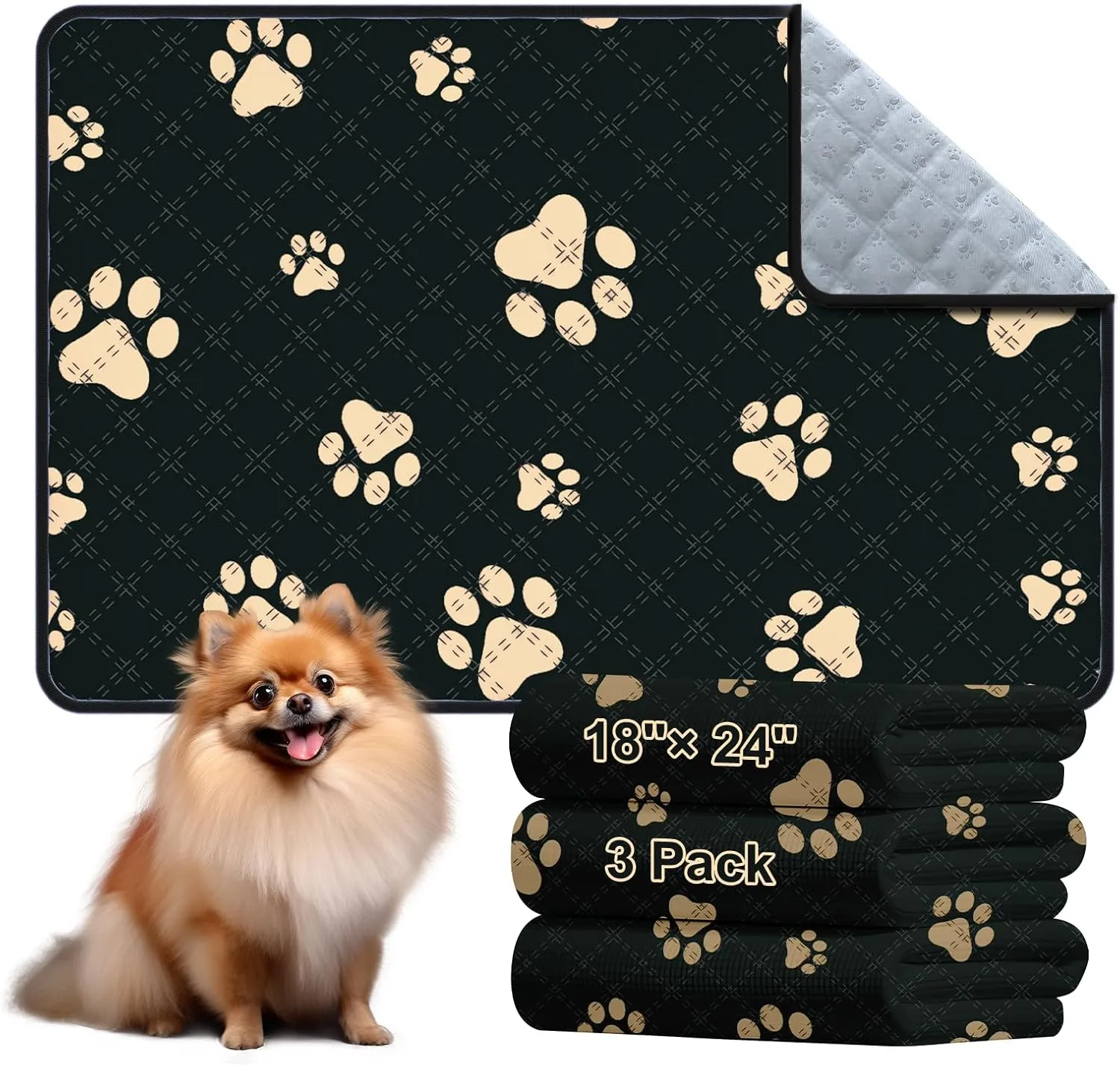 Washable Pee Pads for Dogs - 3 Pack Reusable Puppy Pads with Super Absorbent - Waterproof Non Slip and Leakproof Pet Training Pads for Potty,Crate,Playpen,Whelping Box(Black, 18"x24")