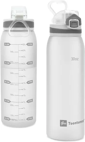 Water Bottle BPA Free Tritan with Time Markers, 30oz Large Durable Gym Plastic Bottle for Fitness, Outdoor Enthusiasts, Leakproof White (Pack of 1)