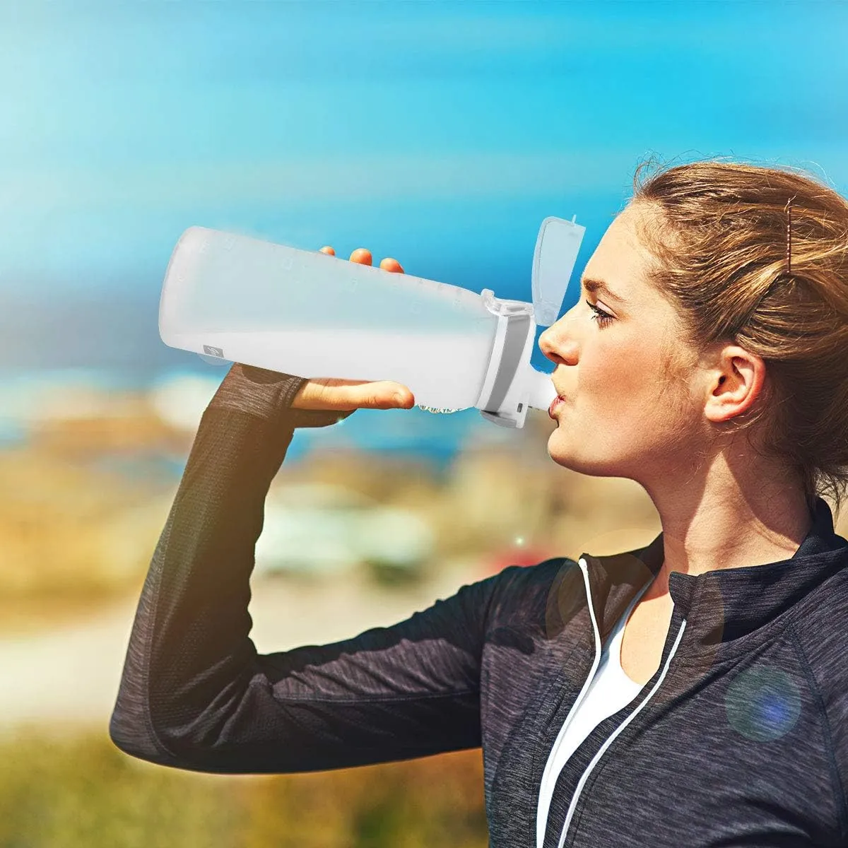 Water Bottle BPA Free Tritan with Time Markers, 30oz Large Durable Gym Plastic Bottle for Fitness, Outdoor Enthusiasts, Leakproof White (Pack of 1)